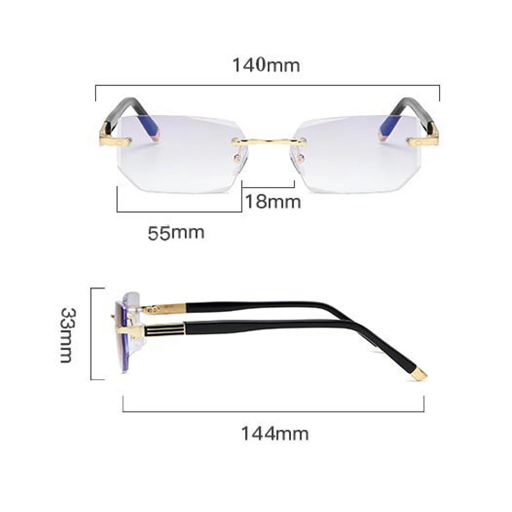 KLASSNUM Men Magnifing Reading Glasses Rimless Cut Edge Lens Presbyopic Glasses Anti Blue Light Presbyopia Clear Lens Glasses +