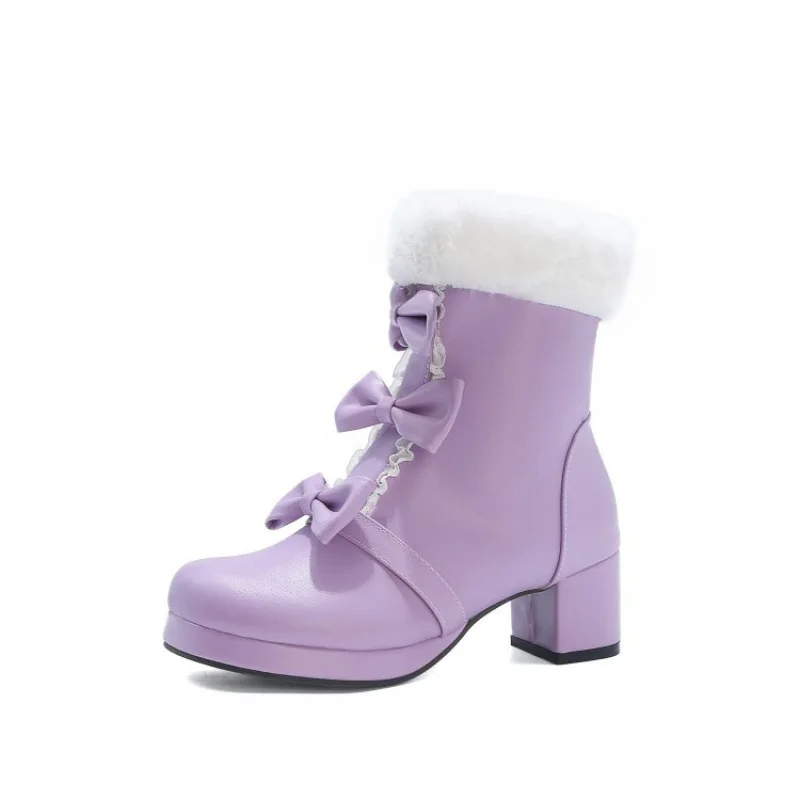 Sweet Lolita style candy ankle boots with bow and ruffled edge mid block heel design available in plus sizes for ladies34-48.