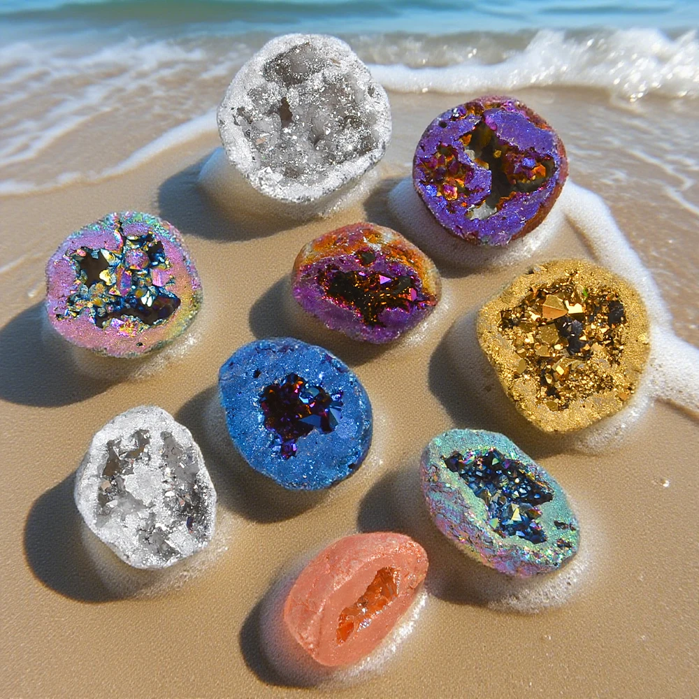 8 Teile/schachtel Titan Beschichtet Natürliche Kristall Cluster Galvani Achat Geode, Energie Balance Reiki Wicca Wohnkultur – Detail 1