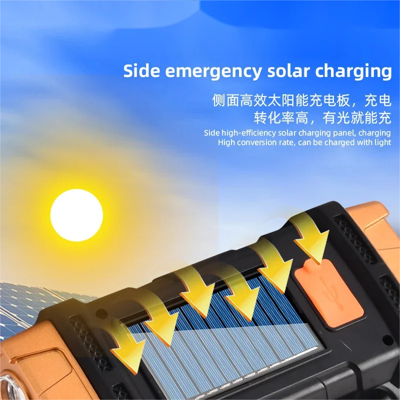 USB COB Multi-Functional Outdoor Emergency Portable Searchlight Solar Two-Color Rechargeable Outdoor Lighting Torch For Camping