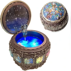 Retro 12 Zodiac Music Box with Constellations Rotating Goddess LED Lights Twinkling Resin Carved Mechanism Gift for Birthday