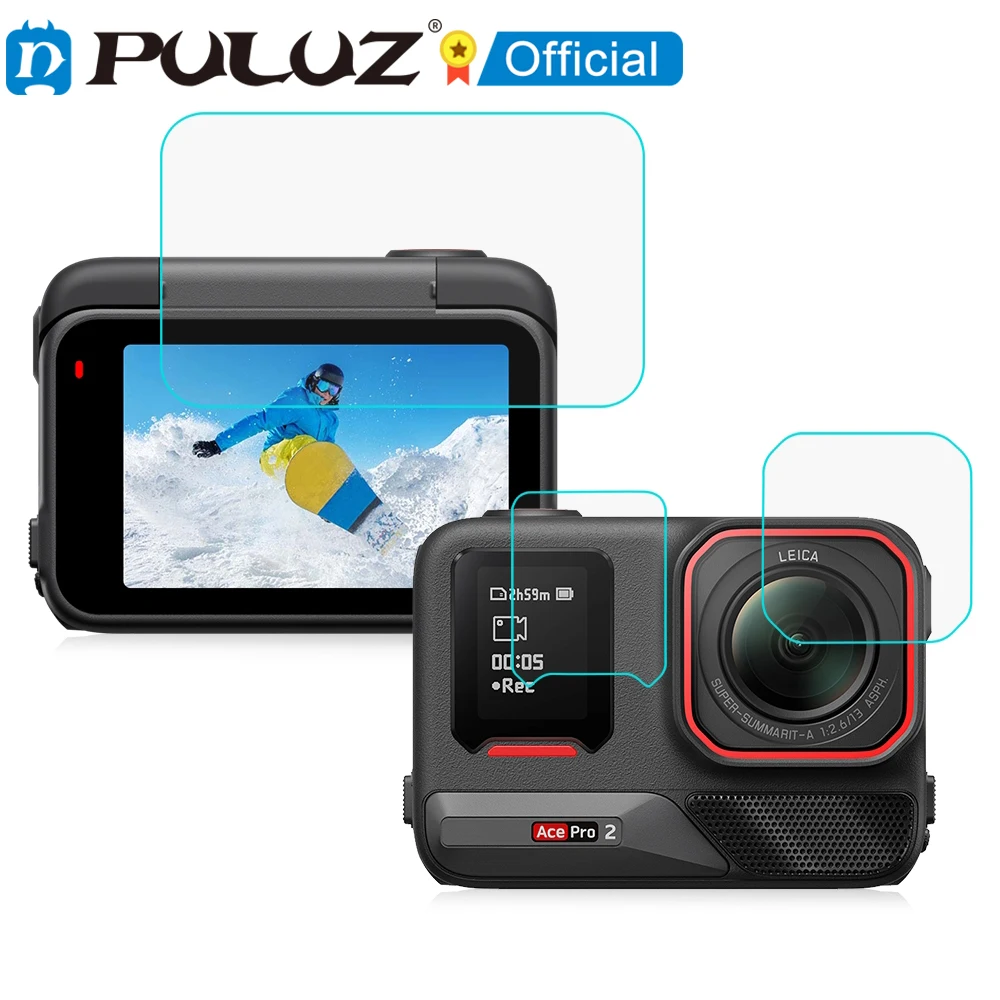 PULUZ for Insta360 Ace Pro 2 Rear & Front Screen and Lens Tempered Glass Film Panoramic Camera Accessories 3 in 1 Protector Film