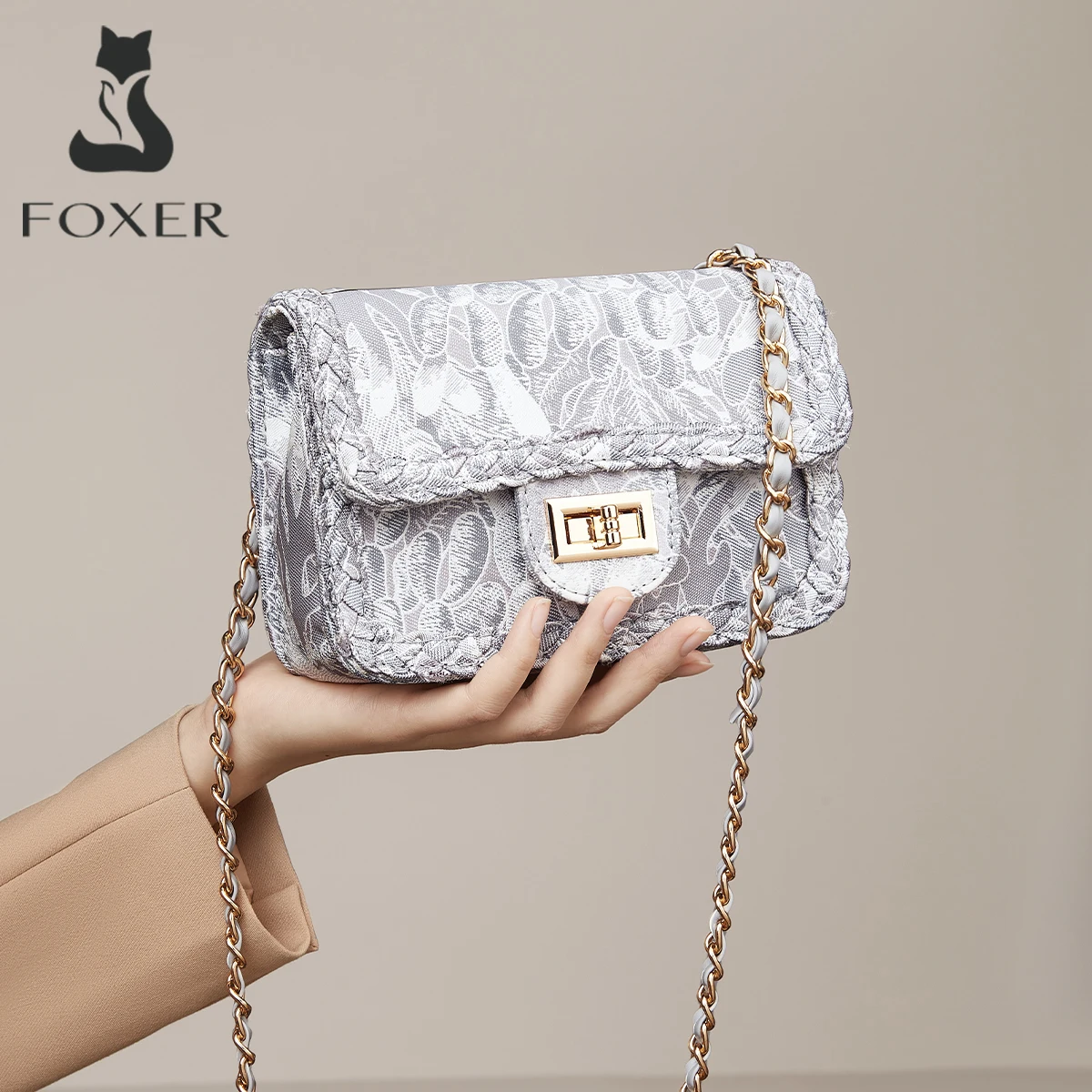 

FOXER Luxury Floral Embroidery Crossbody Bag for Women – Elegant Chain Shoulder Bag with Turn-Lock Clasp– Perfect Gift