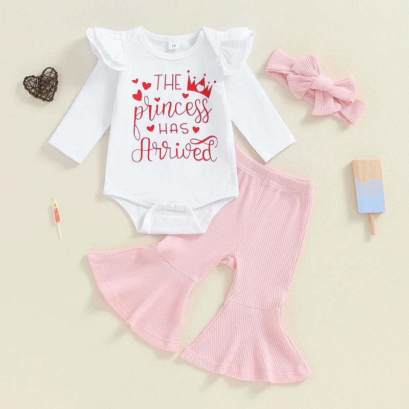 

2024-05-14 Lioraitiin 0-18M Baby Girl Fall Outfits Letter Heart Print Crew Neck Long Sleeve Romper Flare Pants Headband 3Pcs Set