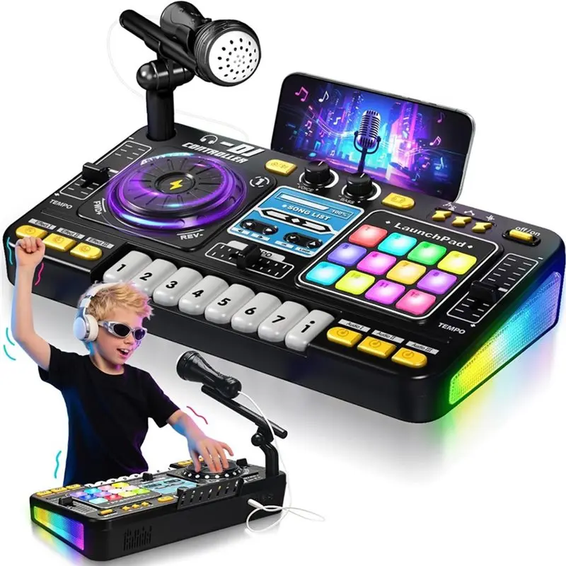 ABXE-Electronic DJ Mixer Controller Musical For Kids Featuring LED Lights Sound Effects Microphone Piano DJ Board Table Gift