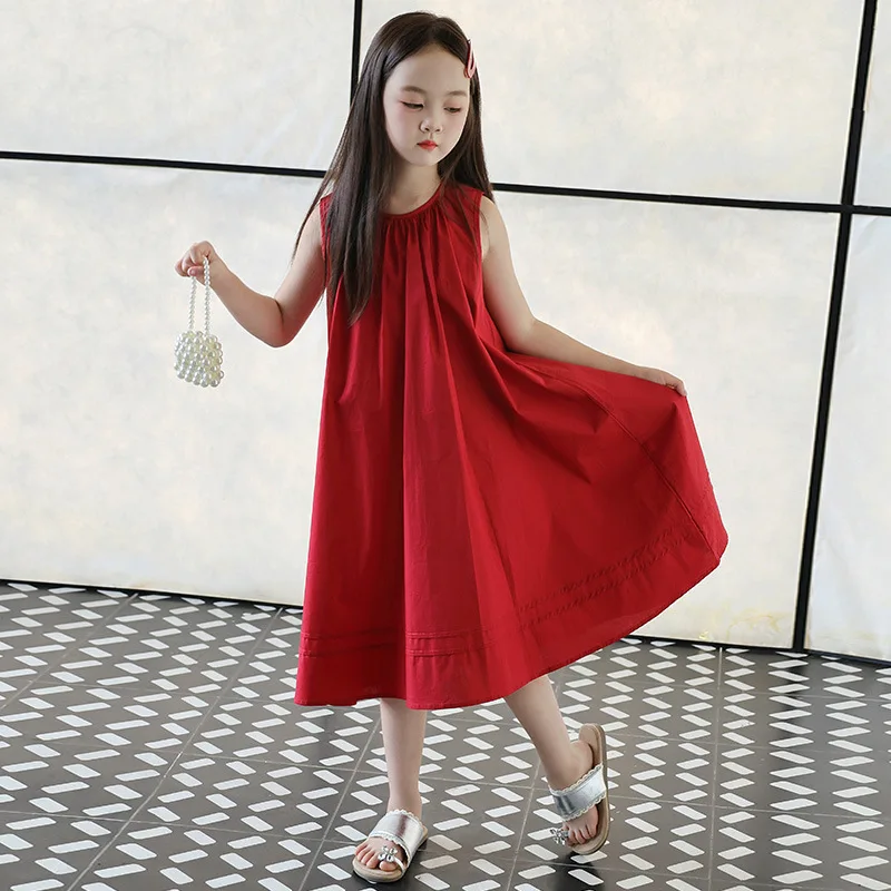 High end girls' dress, seaside vacation style dress, summer thin design, children's versatile red pure cotton