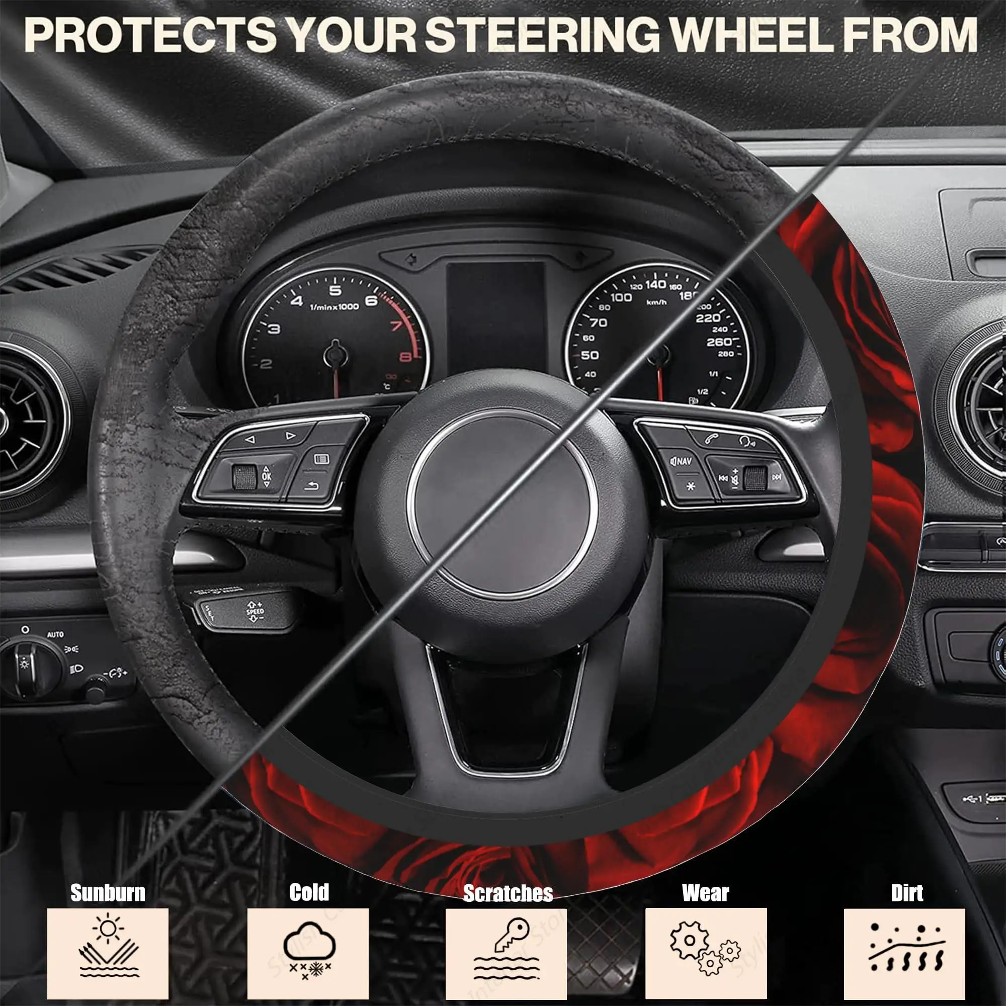 Red Roses Steering Wheel Cover, Elastic Non-Slip Steering Wheel Protector,Auto Interior Decor for Women Girls image 5