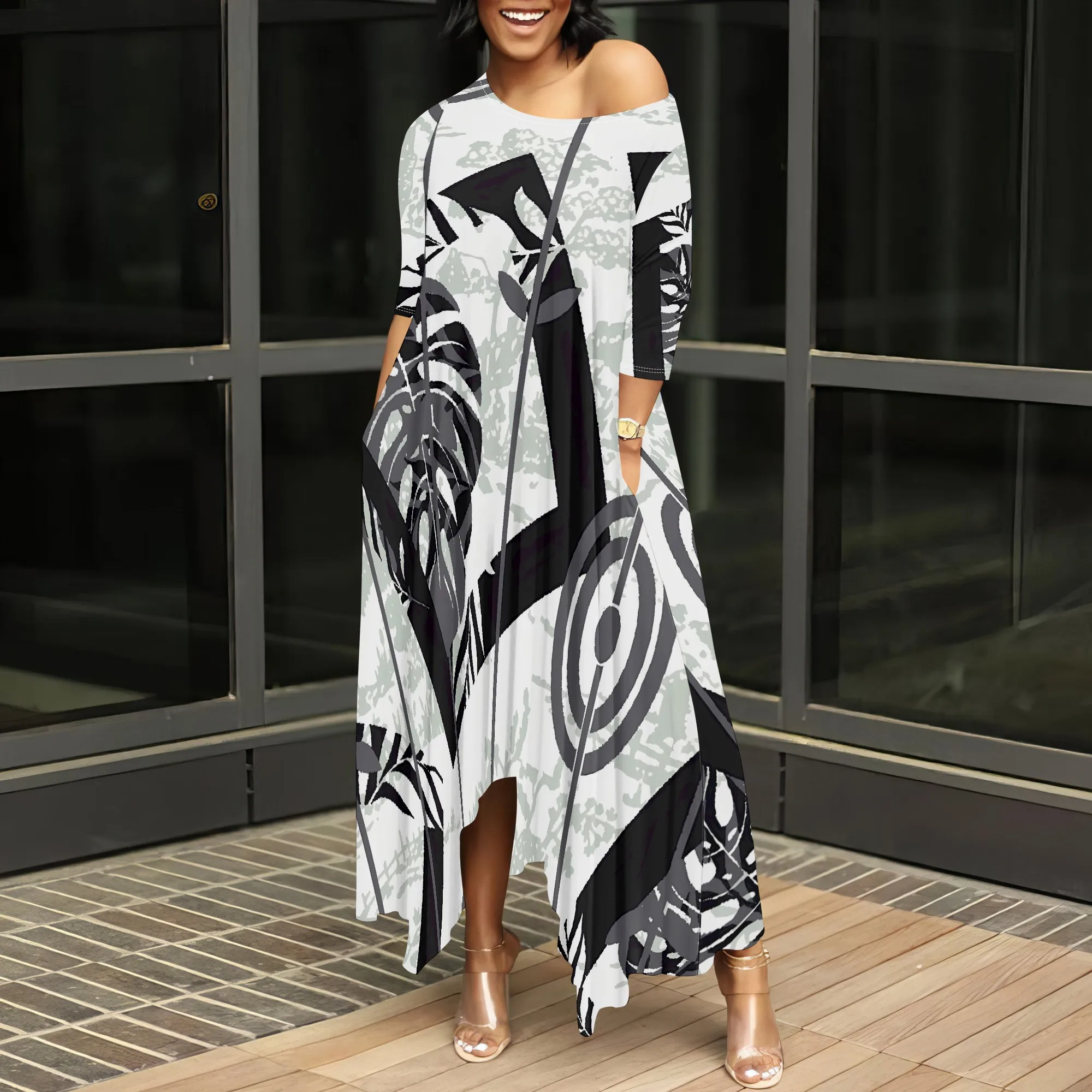 فستان ماكسي بطبعة أوراق بوهو للنساء بدون أكتاف فضفاض كاجوال 3/4 كم فستان حفلات صيفي