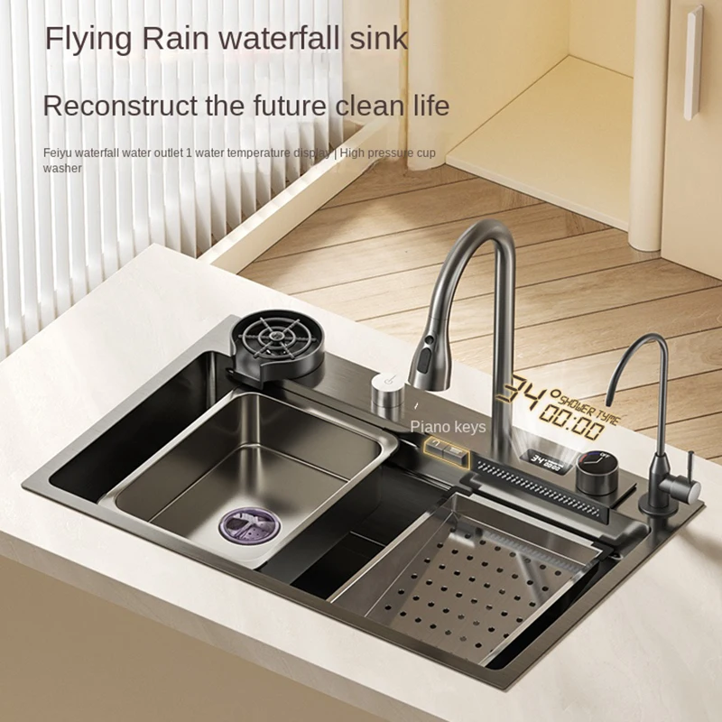 

Japan Digital Waterfall Sink Kitchen Sink Stainless Steel Dishwashing Basin Vegetable Basin Multi-Function Large Single Tank