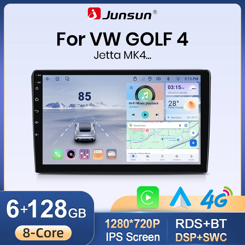 Junsun 8-Kern-Android-Headunit für VW Golf 4 Jetta MK4 mit kabellosem CarPlay & Android Auto, 2-DIN-Stereoanlage mit Kühlventilator, DSP, IPS-Bildschirm, 4G, WiFi und GPS-Navigation