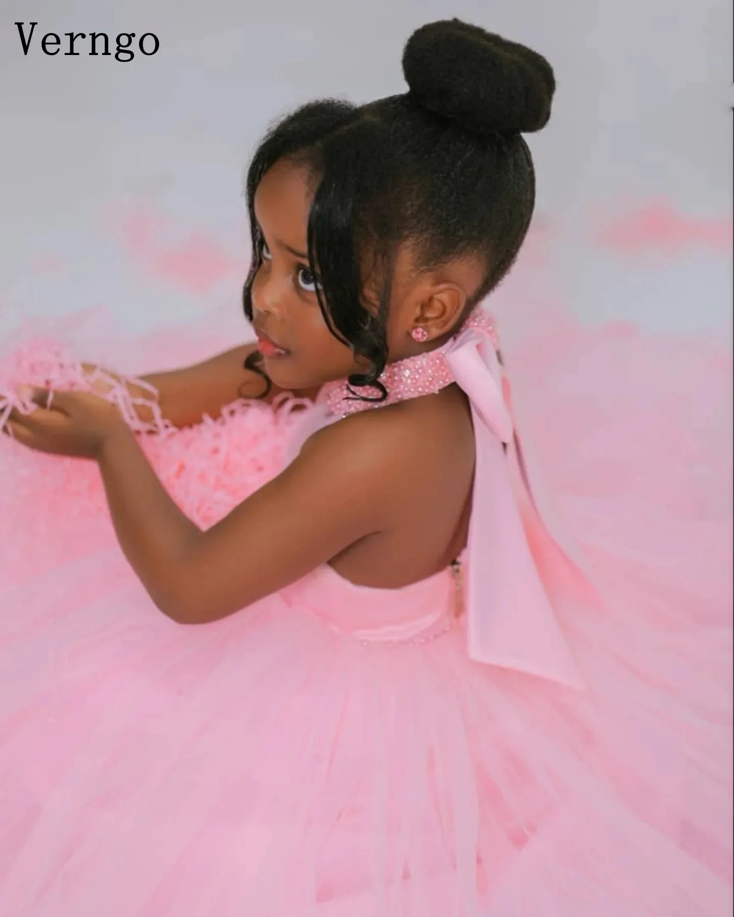 Verngo Pink Tulle Girl Flowers Dress Appliques Halter A Line Maxi Brithday Party Dress Backless Kid Prom Gown Customized