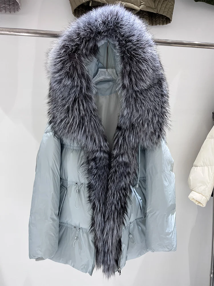 2025 New Winter Women Natural Silver Fox Fur Collar Coats Goose Down Jacket Outwear Female Coats Hooded Parka Puffer Jackets