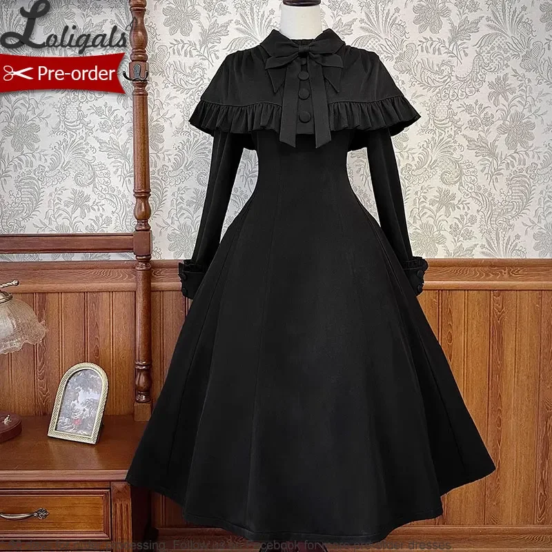 Cooles langes schwarz besticktes lolita kleid w. Cape von alice girl ~ vorbestellen