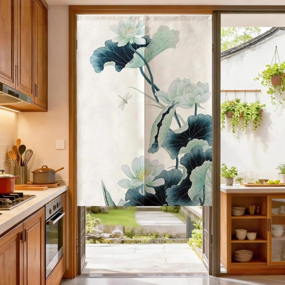 VIKAMA Meticulous Lotus & Koi Door Curtain Elegant Chinese Print Light-Blocking New Chinese Partition Curtain for Tea Room Study
