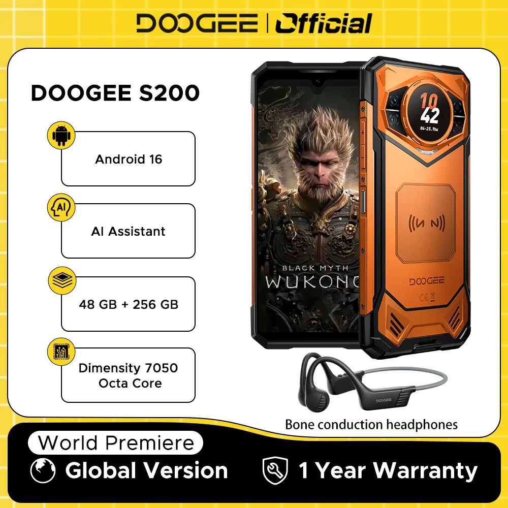 Global Version DOOGEE S200 5G Rugged Phone Android 16 48GB 256GB 6.72" 120Hz Display 100MP Camera 10100mAh Battery AI Assistant