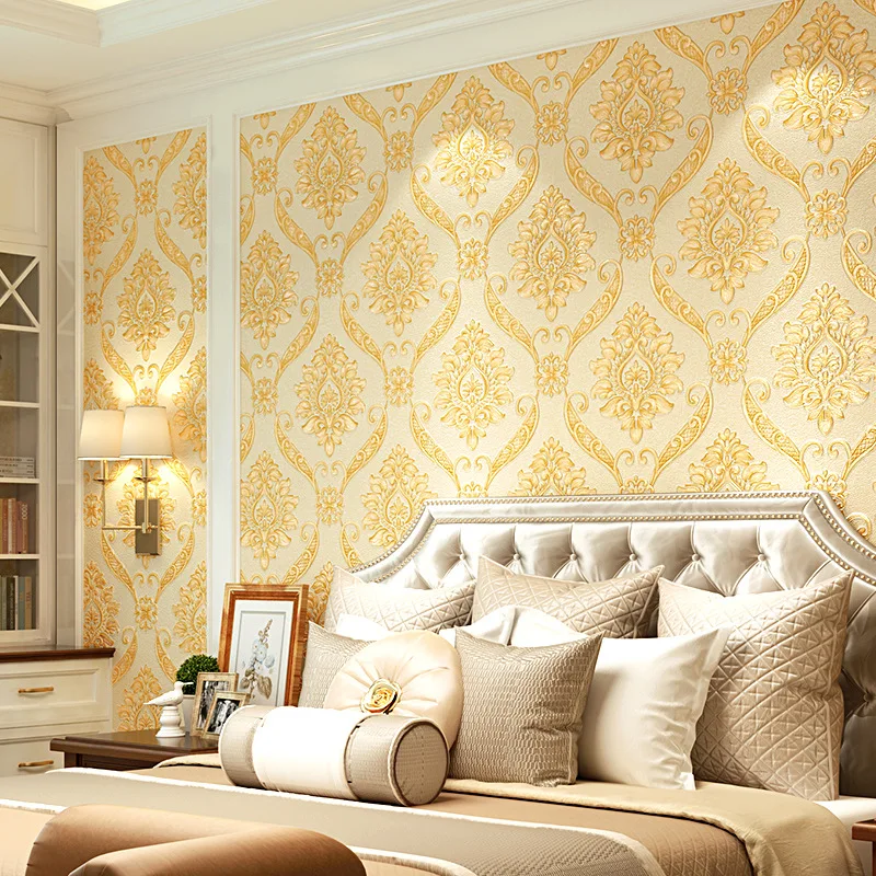 ورق حائط دمشق أوروبي منقوش ثلاثي الأبعاد مقاوم للماء ذهبي مريح لغرفة النوم وغرفة المعيشة وخلفية التلفزيون الهندسية #3