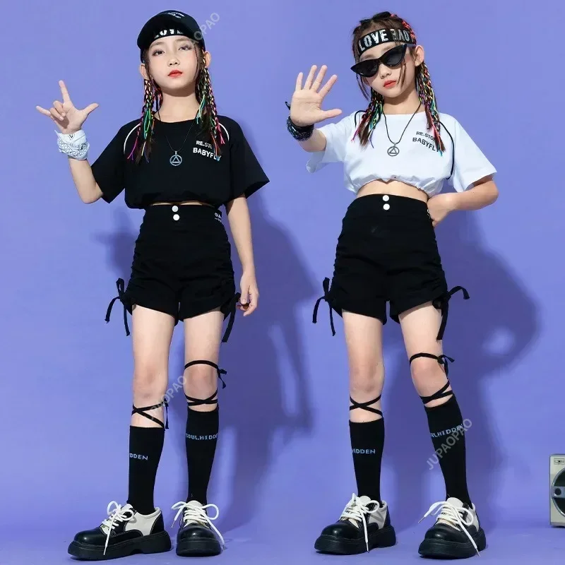 Hip Hop Girls Crop Top Street Dance Jeans Pants Child Sweatshirt Two Sections Shorts Streetwear Clothes Sets Kids Jazz Costumes