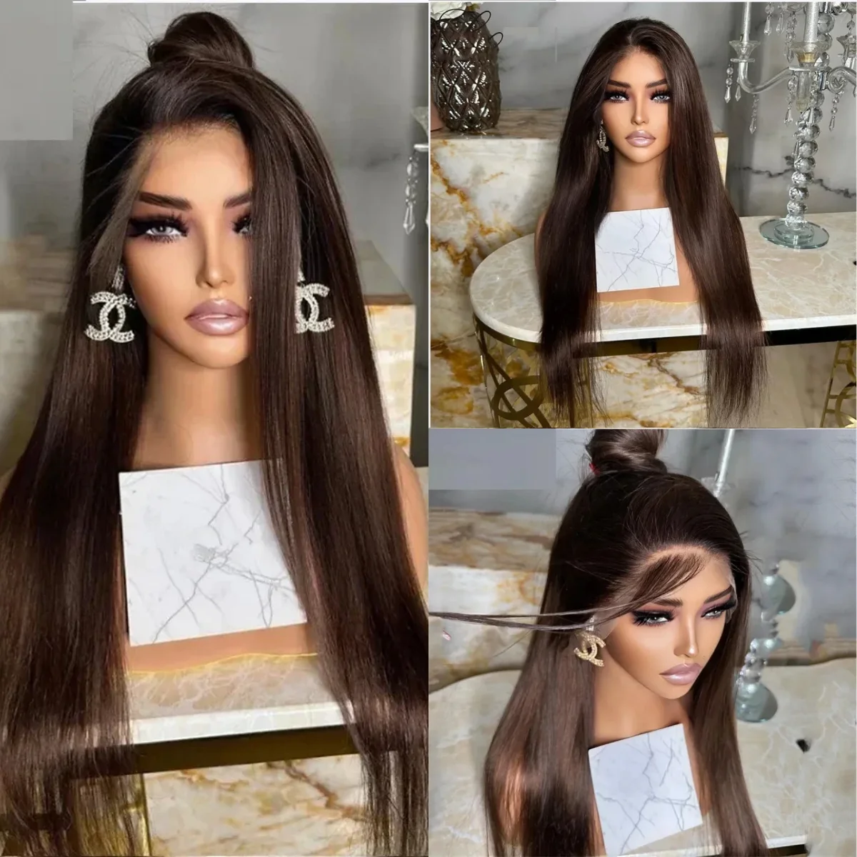 

26Inch Brown 180%Density Straight Hair 13*4*1 Lace Front Wigs For Women With Baby Hair Synthetic Fiber Daily Wear Wigs