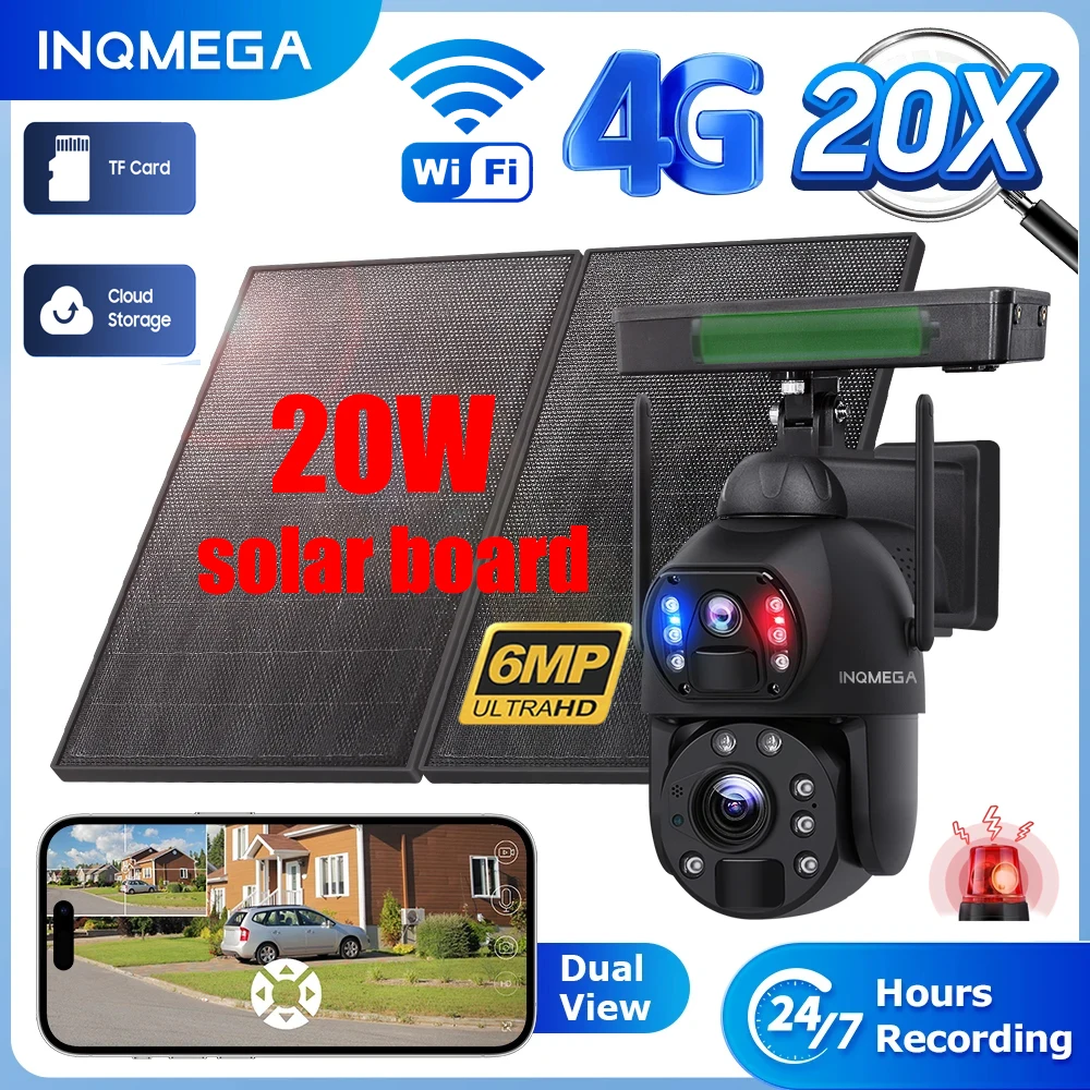 INQMEGA 6MP Solar Security Camera 20x Zoom 4G WiFi Outdoor Camera Dual Lens PIR Motion Detection Color Night Vision PTZ Camera