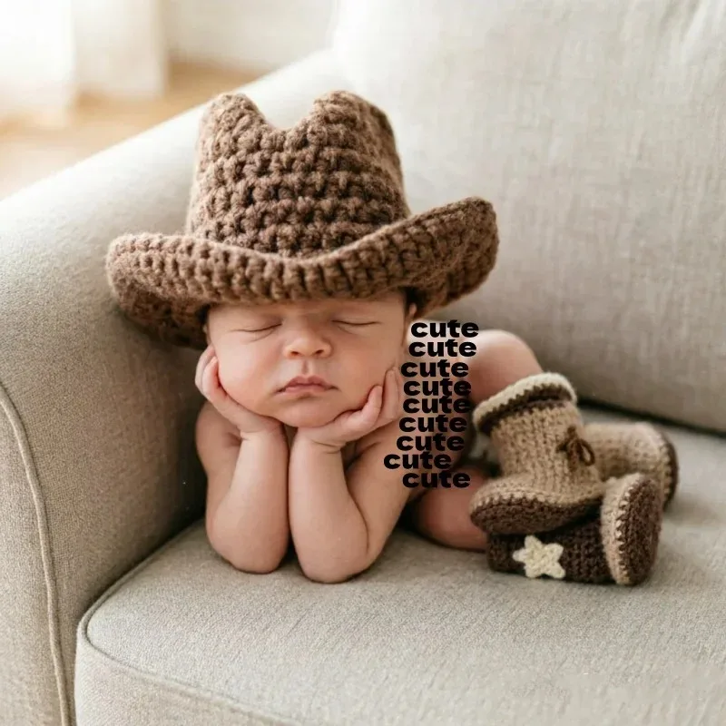 Hand Crochet Knitted Cowboy Hat With Boots Accessory Set For Studio Portrait Shooting Newborn Photoshoot Scene Arrangement Use