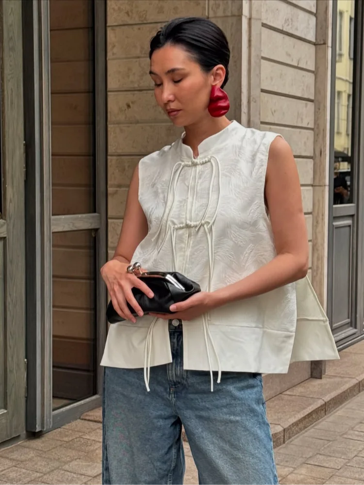 

White Collar Knot Women's Button Vest Chic Sleeveless Knot Button Vest Cute Tie Front Stand Collar Top 2026 Women Commute Top