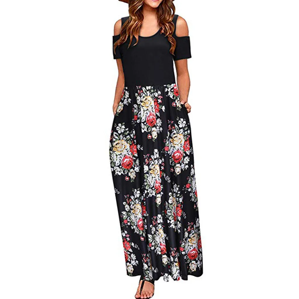 Women Summer Maxi Dress Cold Shoulder Floral Print Boho Dresses Elegant Party Long Dress Pocket Female Sundress Beach Dresses