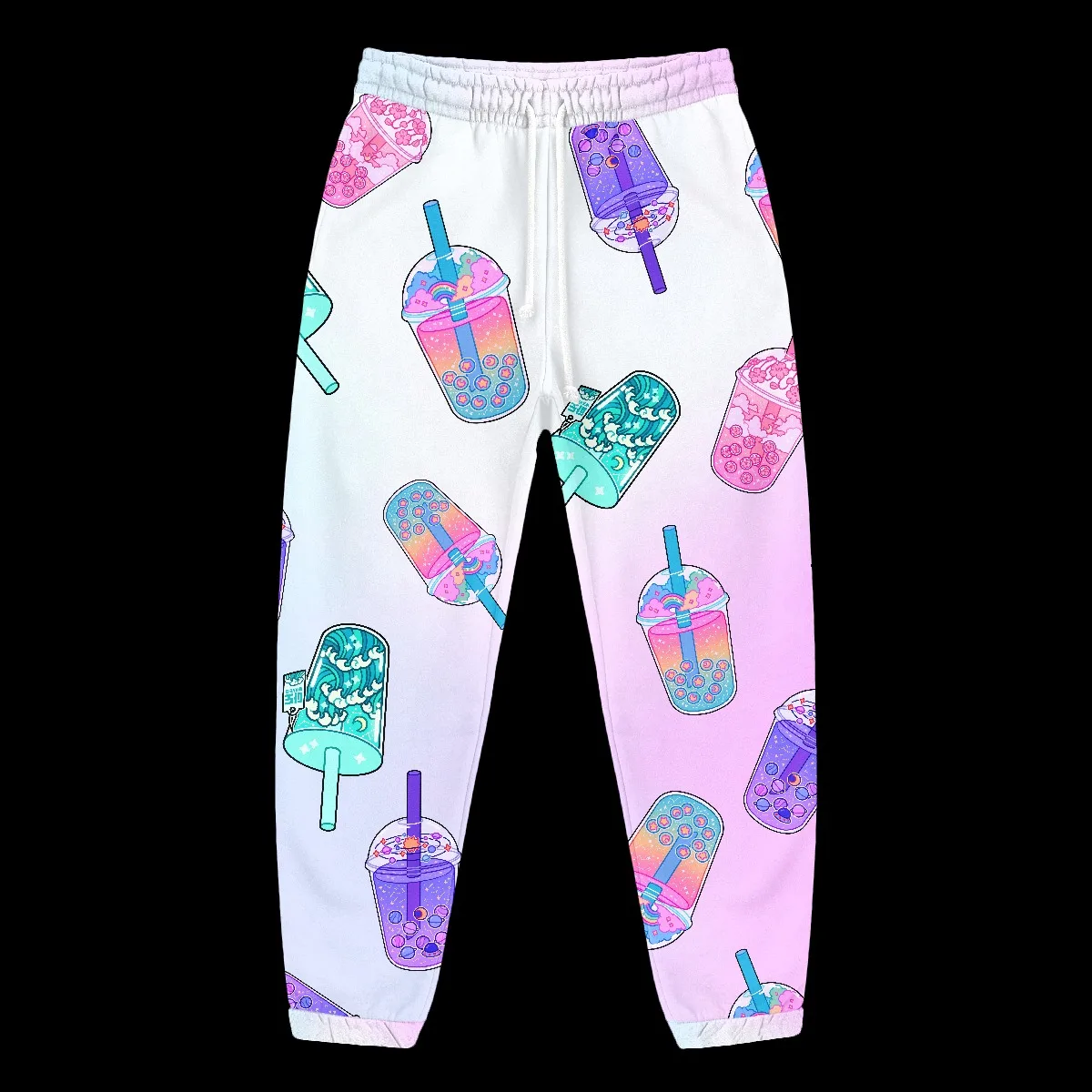2026 Unisex Gradient-color Joggers Featuring An All-over Cute Bubble Tea Print and A Japanese-style Drawstring Design.