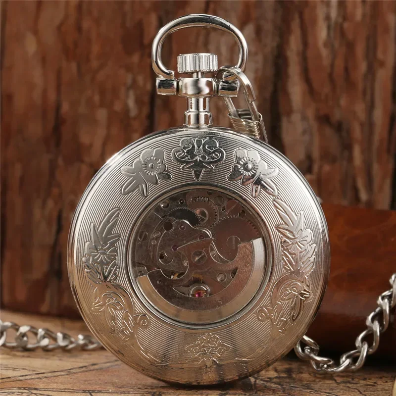 Vintage Style Silver Skeleton Pocket Watch Automatic Mechanical Roman Numeral Display with Luminous Hands Vintage Gift for Men