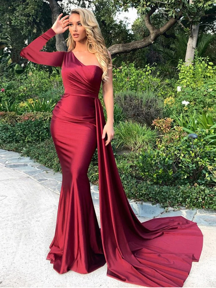 Burgundy One Shoulder Long Sleeve Elegant Classic Evening Dress Backless Satin With Ribbon Maxi Wedding Party Floor Length Gown