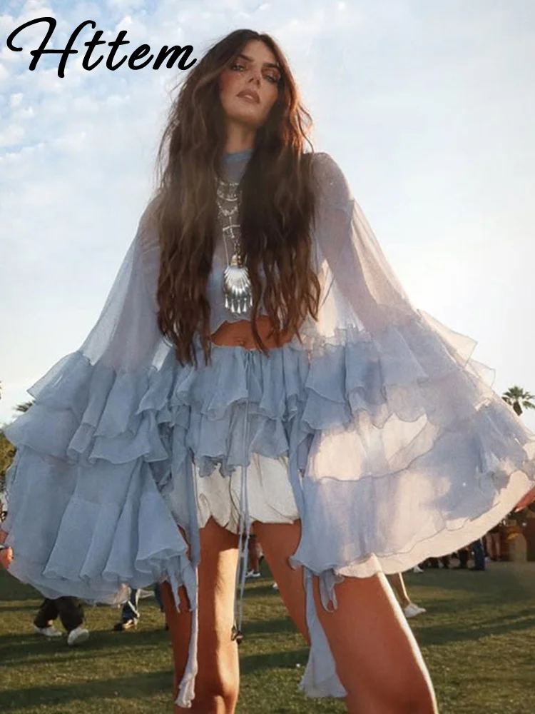 عادية كشكش الياقة المدورة قميص تنورة المرأة مجموعة الصلبة كم كامل الجوف خارج أعلى انظر من خلال مطوي التنانير الطويلة 2025 سيدة البدلة