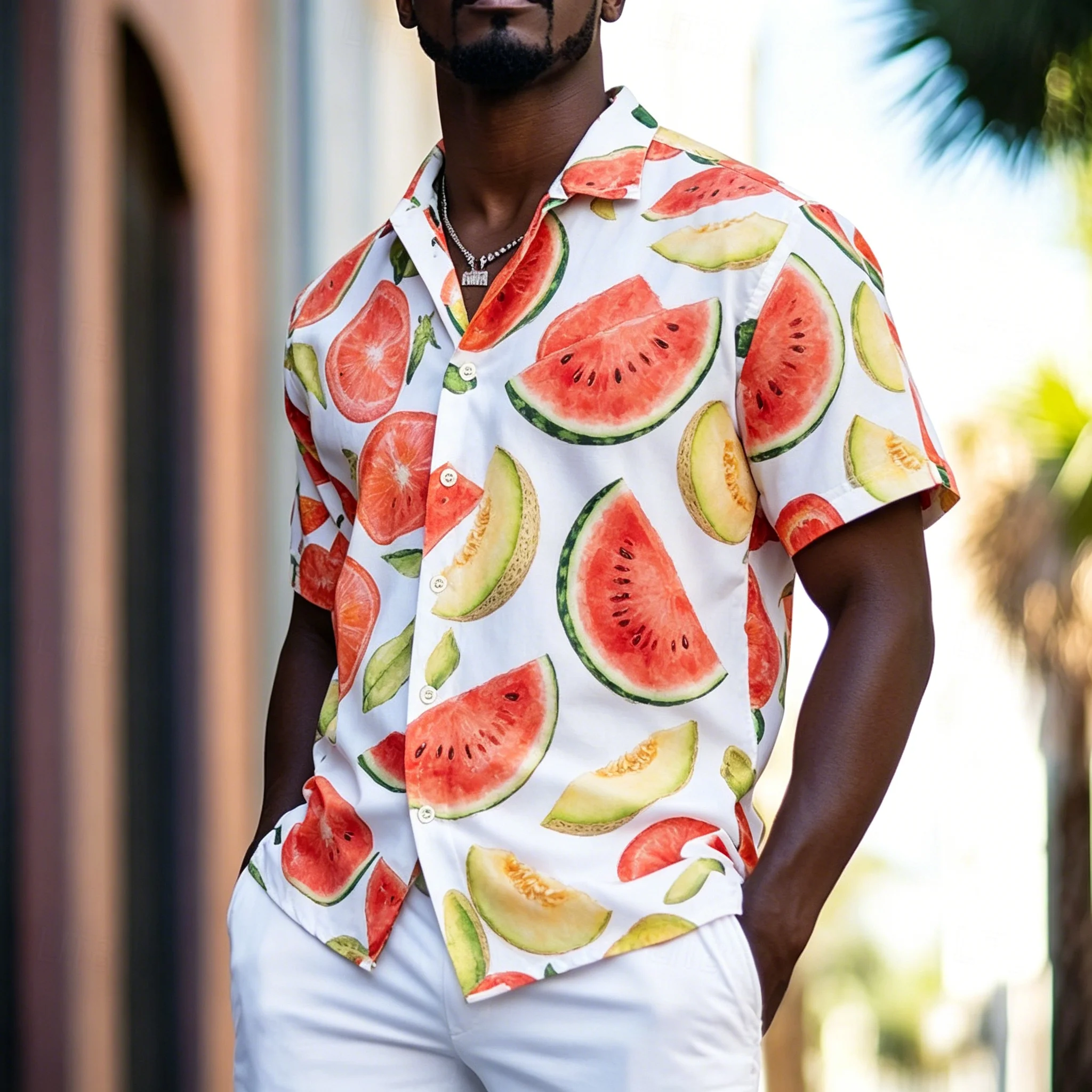 

Men's Short Sleeve Button Shirt, Fruit Allover Print, Loose Fit for Spring Summer Beach Daily Vacation Outfits