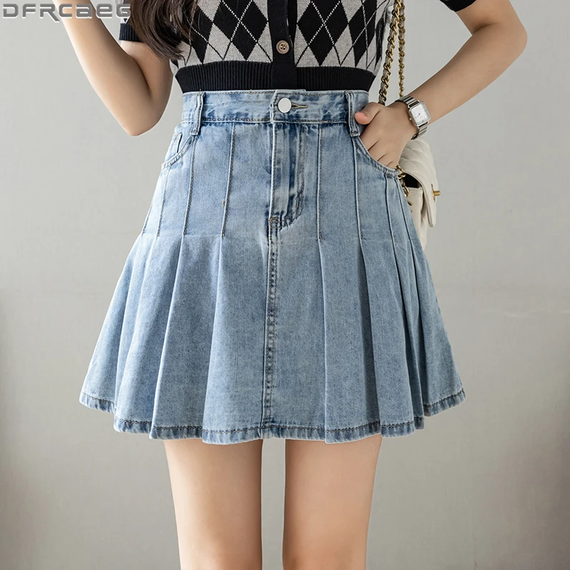 

Fashion Streetwear High Waist Denim Skirt Women Vintage New Summer Mini Pleated Skirts Female A-Line Preppy Jeans Saia Plissada