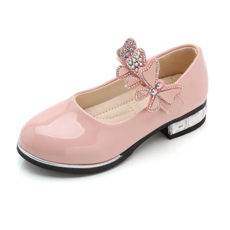 Girls Leather Shoes 2022 Spring Summer PU Patent Leather Kids Dress Shoes High Heels Butterfly-knot Dress Shoes for Wedding Chic