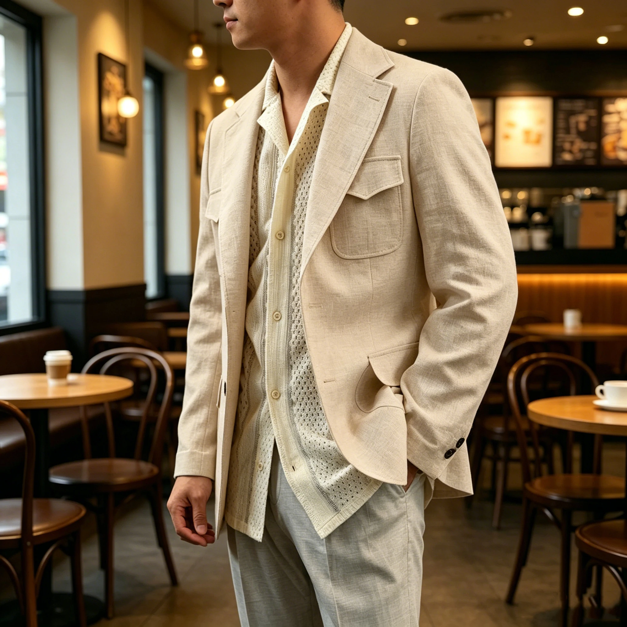 Men's Linen Blend Blazer Business Casual Suit Jacket Lightweight Single-Breasted Multi-Pocket Sport Coat for Wedding Party Daily