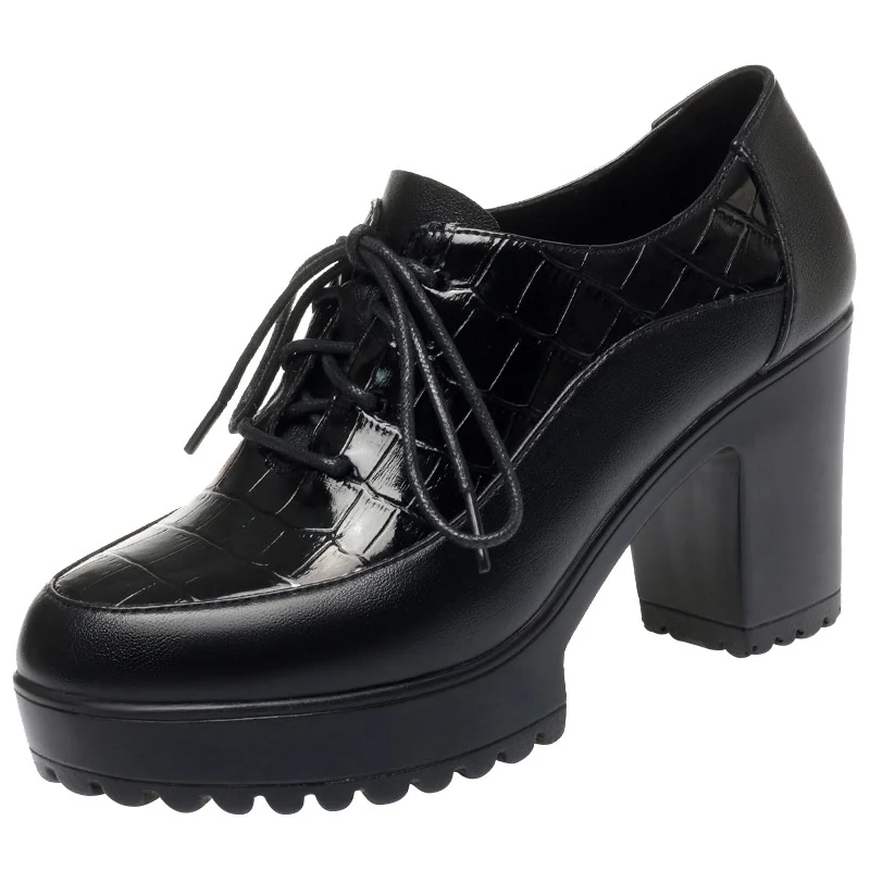 Zapatos de cuero suave de boca profunda para mujer, bombas de plataforma Oxfords, zapatos de tacón alto con cordones negros, zapatos de trabajo de