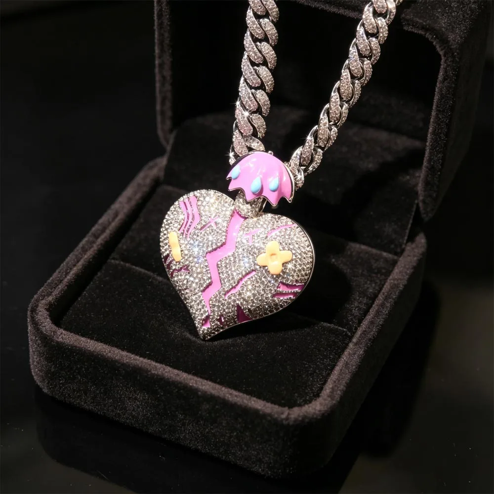 Iced Out Broken Heart Umbrella Tears Pendant Full Paved Cubic Zirconia 18K Gold Plated Hip Hop Cuban Chain Necklace Y2K Sad Healing Heart Bandage Bling Jewelry For Rapper Street Style Club Party Daily Wear Emotional Statement Accessory Trendy Gift