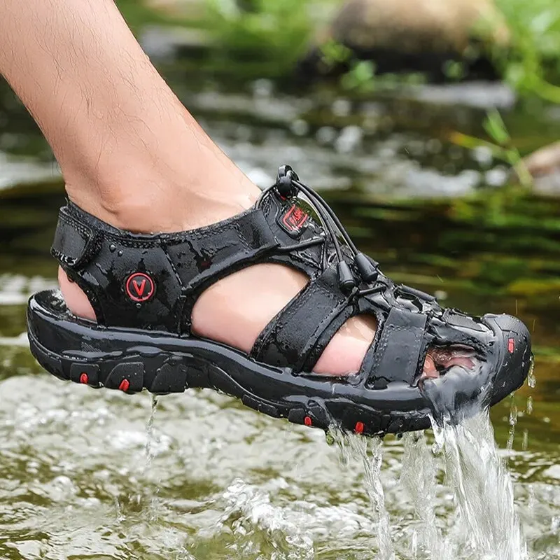 Sandales d'été en cuir véritable pour hommes, chaussures d'extérieur décontractées, de plage, romaines, en caoutchouc