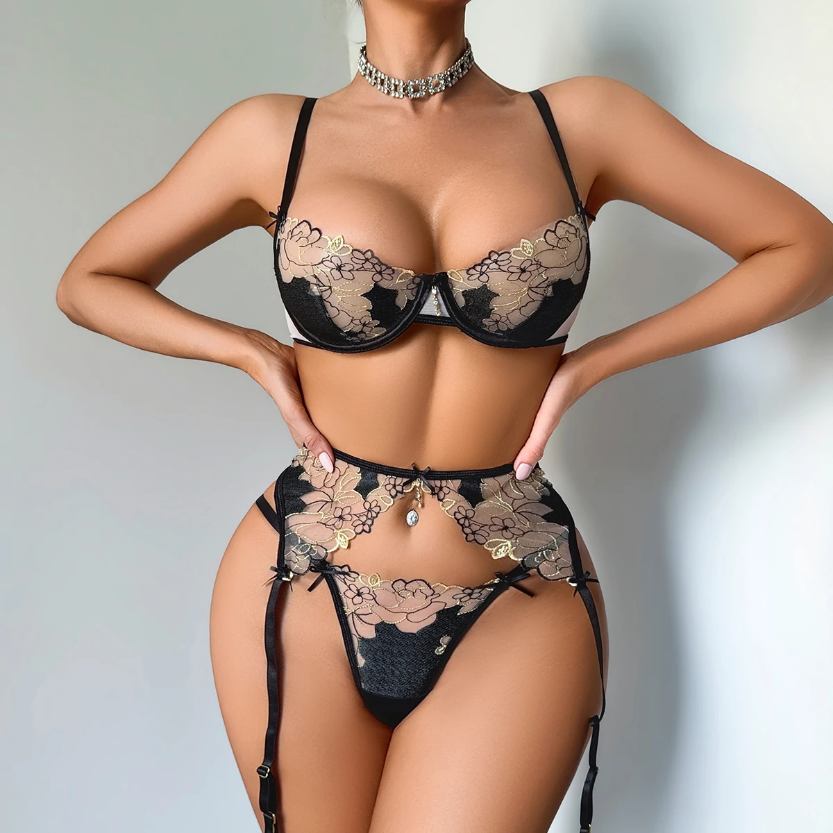 MUZISKAT 2026 Fashion Flower Embroidery Perspective Mesh Hanging Neck Body Shaping Temptation Sex Split Bra Set