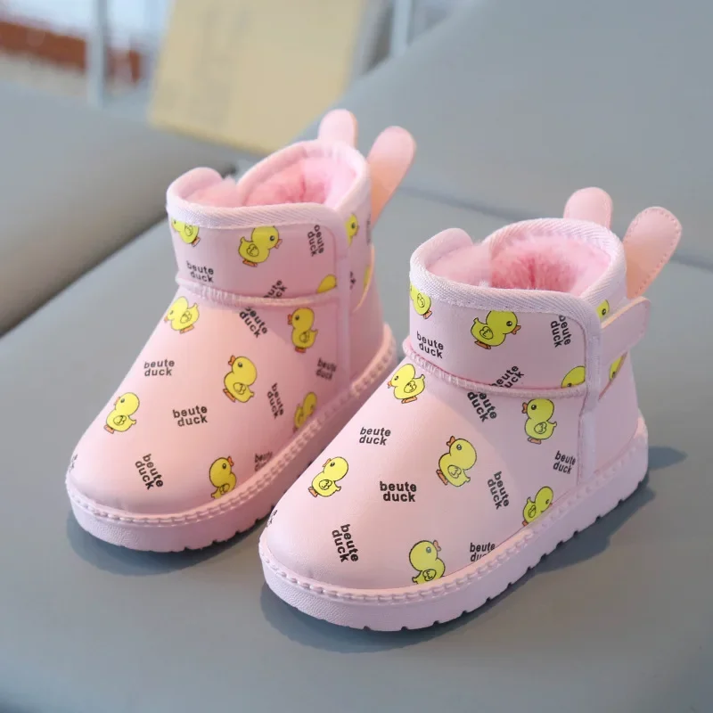 Winter Kids Snow Boots Cartoon Plush Warm Girls Short Boots Soft Bottom Infant Boys Shoes Pink Beige Black