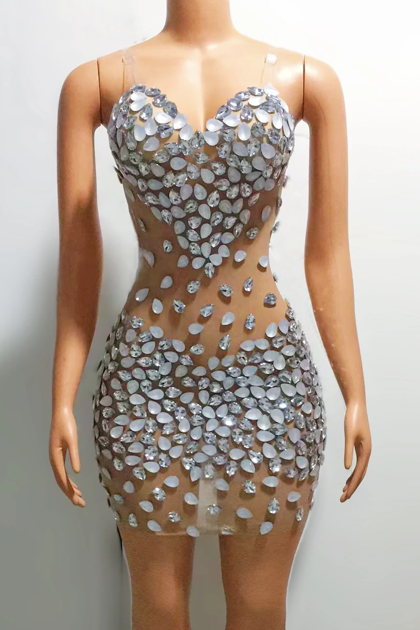 Sexy Mesh Rhinestones Stretch Dress Singer Performance Stage Clothes Sleeveless Party Banquet Dresses Drag Queen Costume