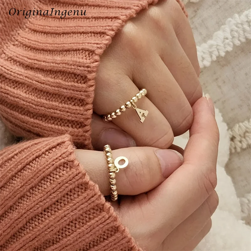 Personalized Letter Ring Elasticity 14K Gold Filled Beaded Ring Handmade initial Band Ring Tarnish Resistant Friendship Ring