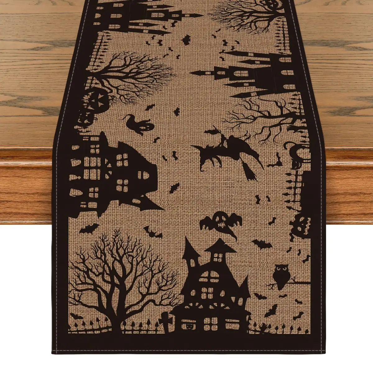 Black Tan Spooky Haunted House Tree Ghost Witch Halloween Table Runner, Kitchen Dining Table Decoration for Home Party Decor