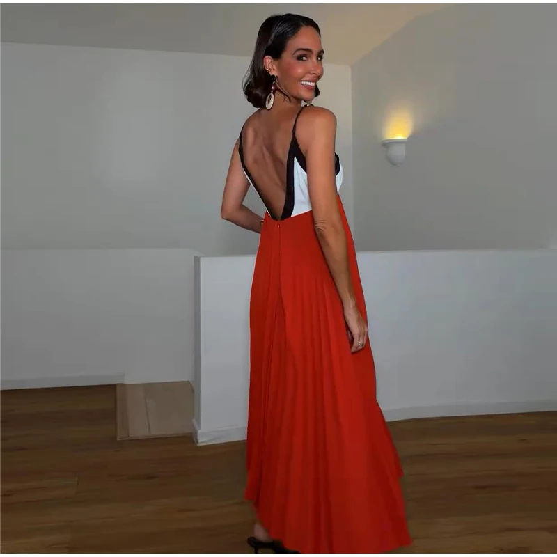 Kettenmuster-Maxikleid mit Spaghettiträgern, Farbblock-Design, V-Ausschnitt, A-Linie, Locker Geschnittenes Langes Kleid für Gäste und Partys, Sommermode 2026, Elegantes Abendkleid – Detail 17