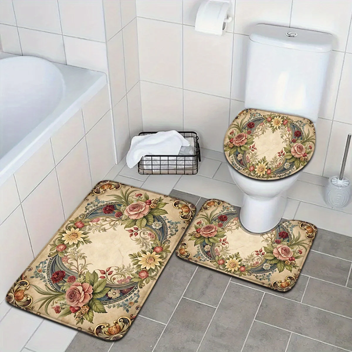 

Винтажный цветочный коврик для ванной комнаты, набор из 3 предметов: коврик для унитаза с розами и контурный коврик, нескользящие мягкие коврики для ванной для домашнего декора