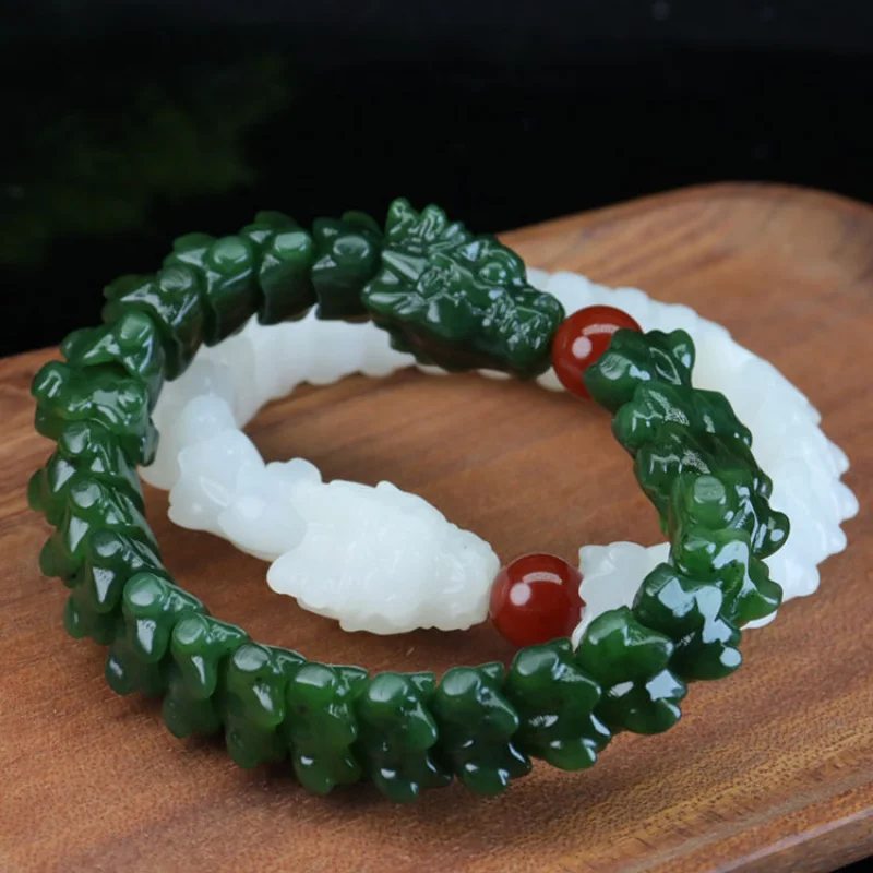 

Hetian White Green Jade Old Material Zodiac Bone Bracelet