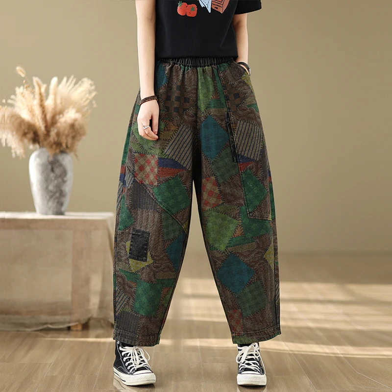 Celana Jeans Kasual Wanita Ukuran Besar Model Longgar, Pinggang Tinggi Elastis, Motif Blok Warna Retro Waed, Model Harlan Dad Pants, Efek Langsing