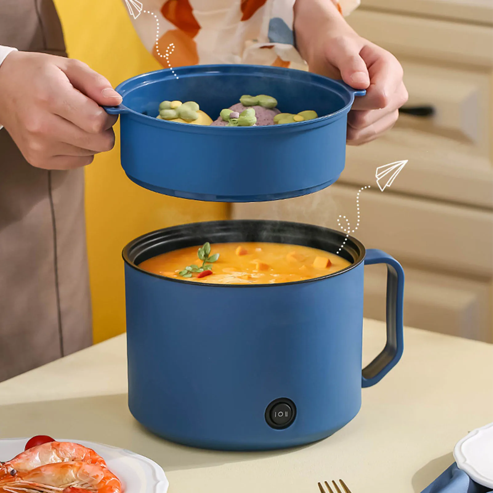 Mini Electric Cooker Multi-Function All-In-One Pot Double Layer Household Noodle Cooker Non-Stick Hot Pot Kitchen Tool 220V