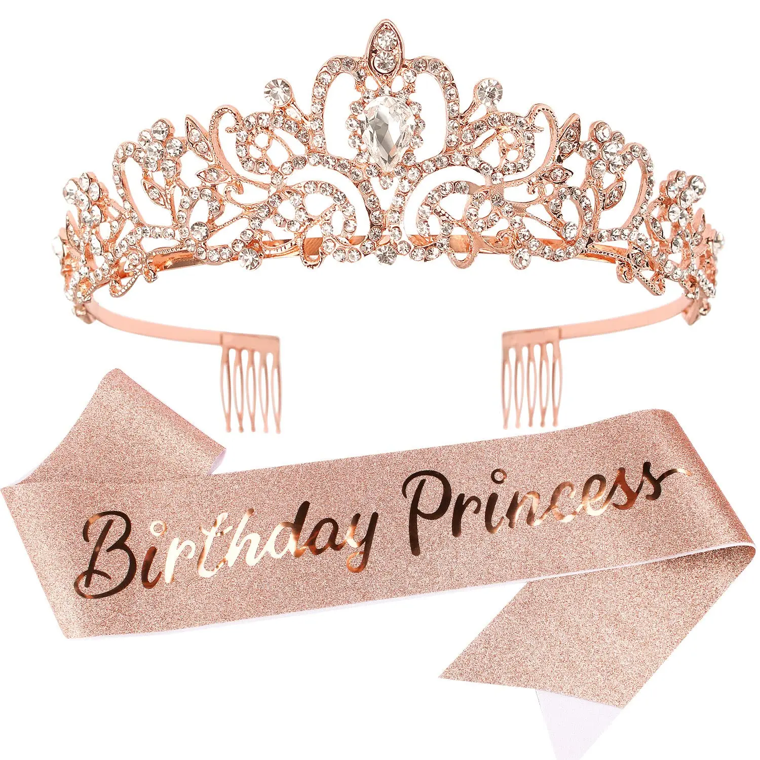 Bling Rhinestone Crystal Crown Tiara Birthday Princess Sash and Crown for Women Birthday Princess Party Decorations