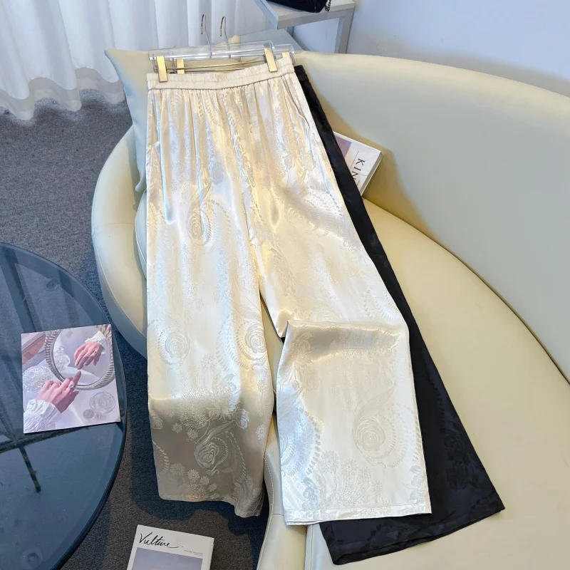 New Chinese Style Spring New Heavy Embroidery Slimming Wide Leg Straight Pants Silk Fabric Ethnic Trendy Long Trousers