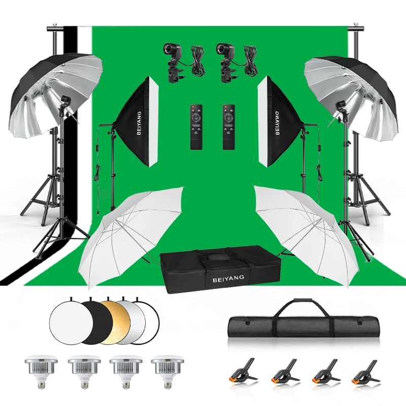 Photo Studio Equipment 2.6*3m Background Stand Photography Backdrop Set Soft Box Umbrella Lighting Kit with Handle